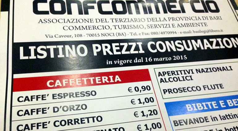 Confcommercio, aumenta il caffè