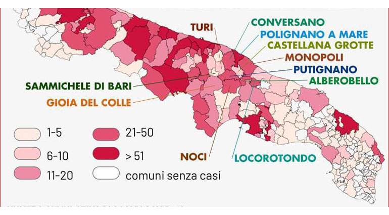 Covid-19: Secondo il bollettino di oggi, Noci tra 21-50 contagiati